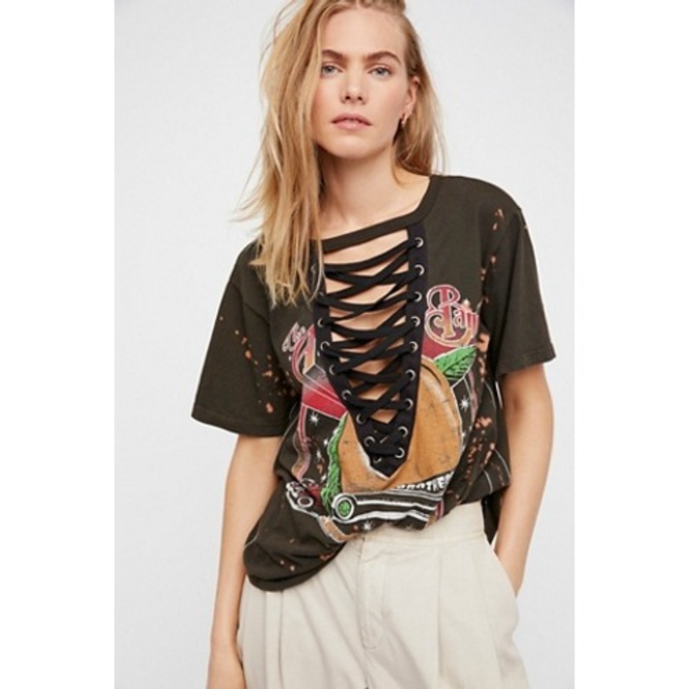 Free People Trunk Ltd Allman Brothers Band Lace Up Bleach Splatter Tee Olive S